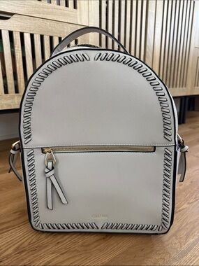 Calpak Cream Saffiano Backpack with Whipstitch Trim